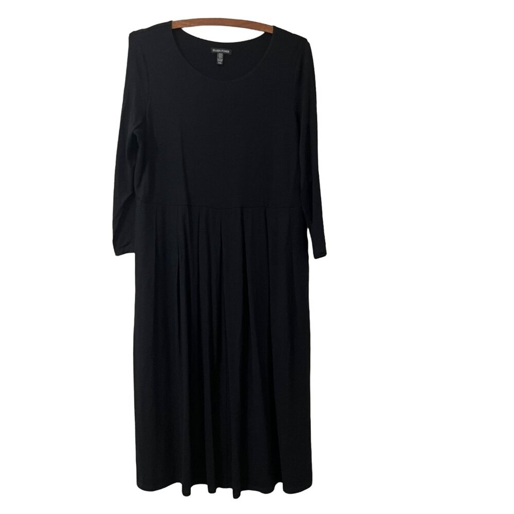 Eileen Fisher Black Viscose Knit 3/4 Length Sleeve Side Pocket Midi Dress M